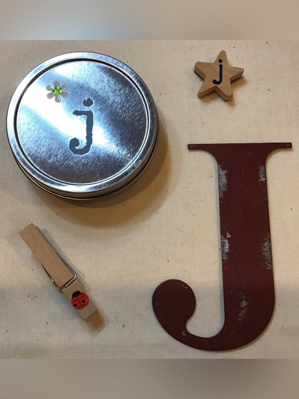 Decorative Magnet Set, J initials and a Ladybug